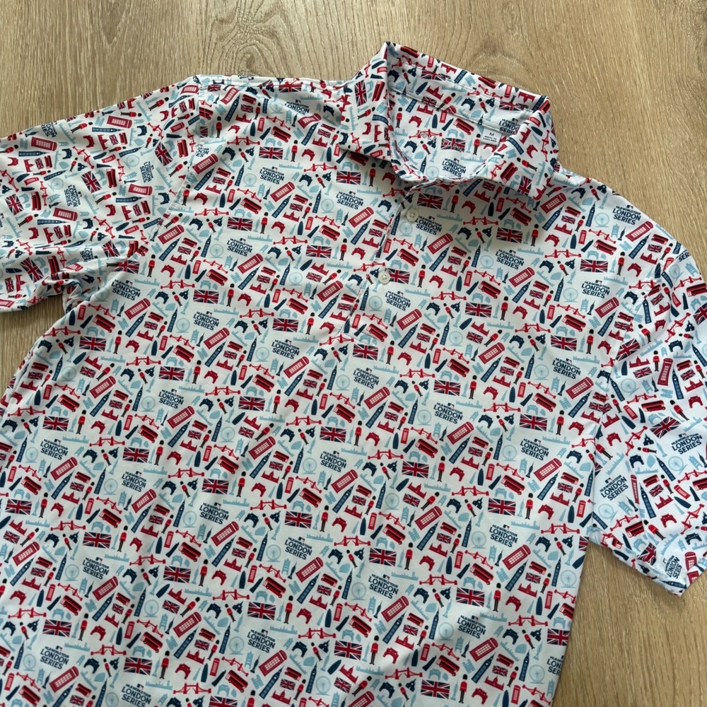 Full Turn MLB London Series Polo Shirt Mens Medium White All Over Print Stretch